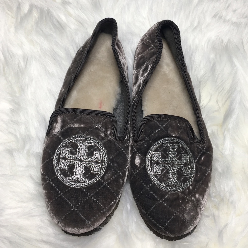 Tory Burch Quilted Velvet Logo Flats in Dark Gray with Silver Logo